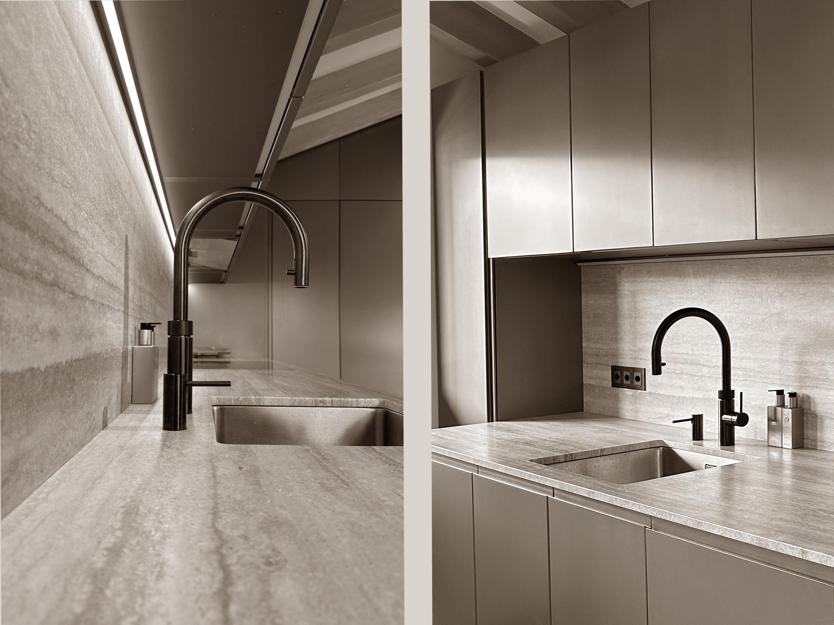 Close-up views of the kitchen reveal exquisite attention to detail — from the soft-toned natural stone surfaces to the elegant matte black tapware. Integrated lighting and minimalist cabinetry elevate the space with a sense of calm precision and timeless sophistication. Close-up views of the kitchen reveal exquisite attention to detail — from the soft-toned natural stone surfaces to the elegant matte black tapware. Integrated lighting and minimalist cabinetry elevate the space with a sense of calm precision and timeless sophistication.