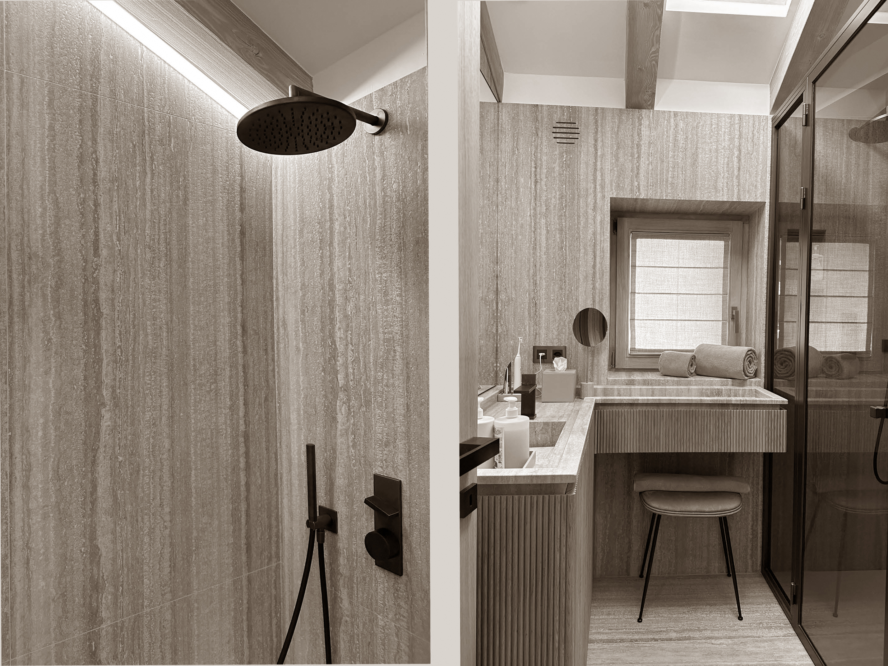 Refined bathroom suite clad in elegant stone surfaces, featuring a spacious walk-in rain shower and a sleek vanity with integrated makeup area. Natural light filters through a soft linen blind, while minimalist fixtures and thoughtful detailing create a tranquil, spa-like ambiance. Refined bathroom suite clad in elegant stone surfaces, featuring a spacious walk-in rain shower and a sleek vanity with integrated makeup area. Natural light filters through a soft linen blind, while minimalist fixtures and thoughtful detailing create a tranquil, spa-like ambiance.