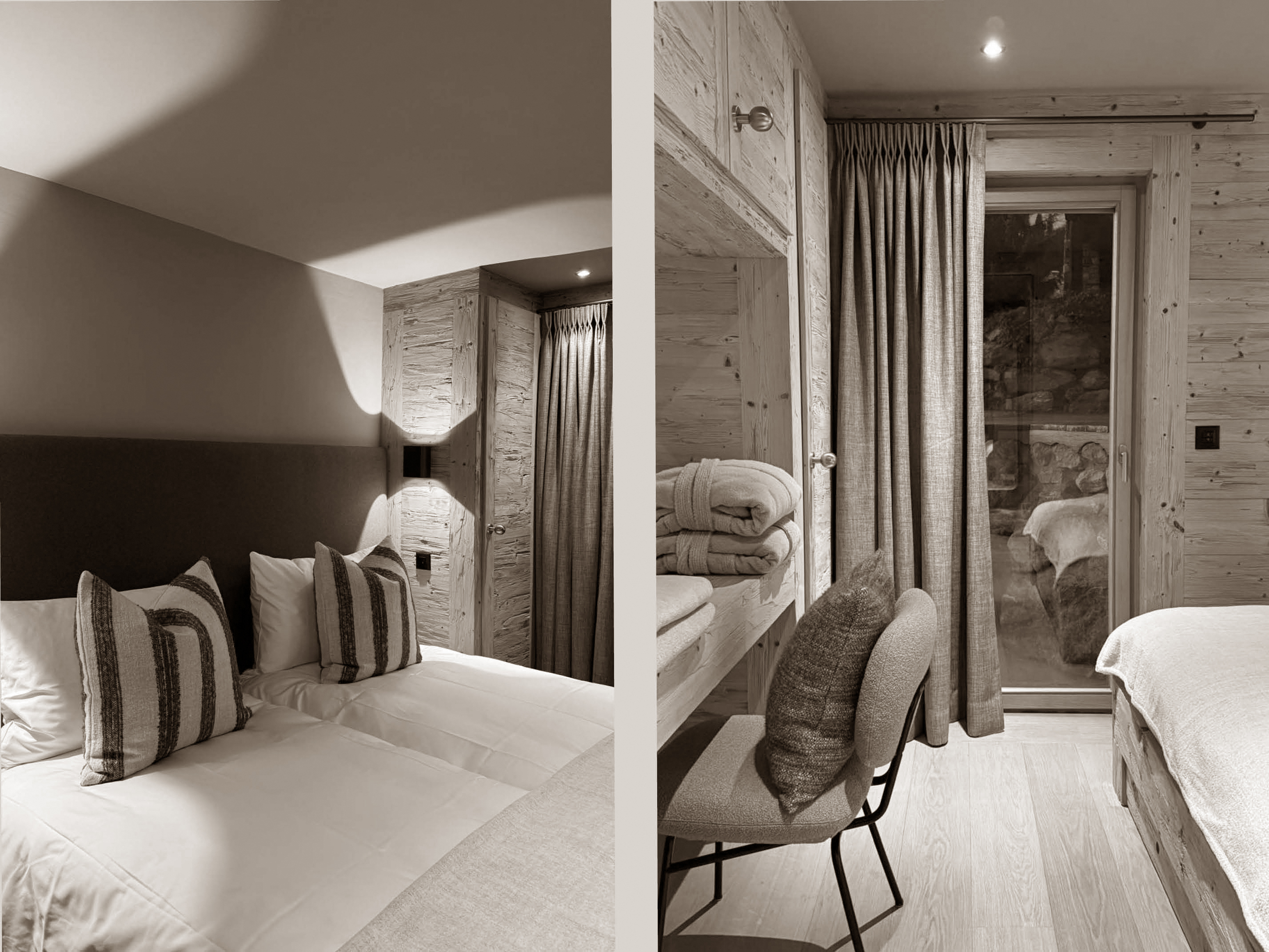 Cozy textures and layered tones give these bedrooms a quiet elegance, blending comfort with simple alpine charm.