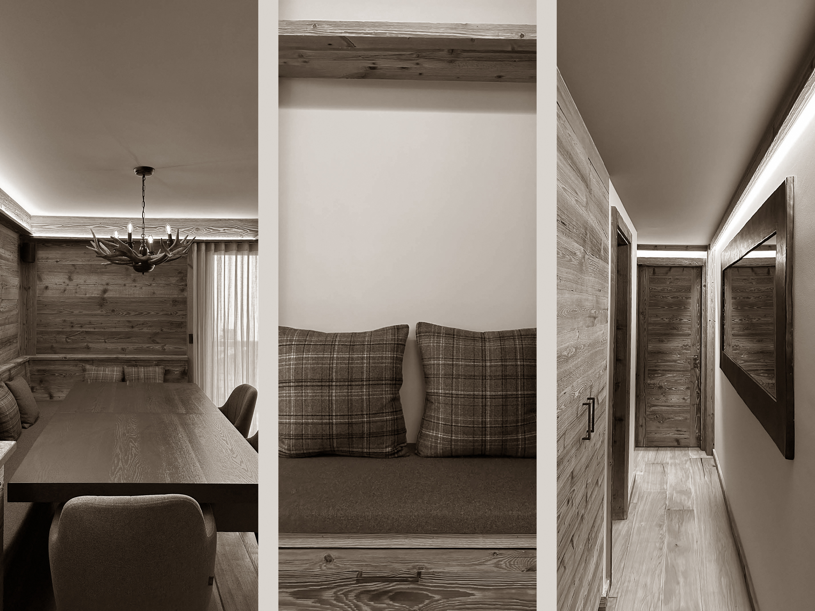 Thoughtfully detailed alpine interiors featuring a cozy dining corner with antler chandelier, a built-in reading nook with tartan cushions, and a softly lit hallway clad in natural wood. Every element combines to create a warm, intimate atmosphere full of authentic chalet character.