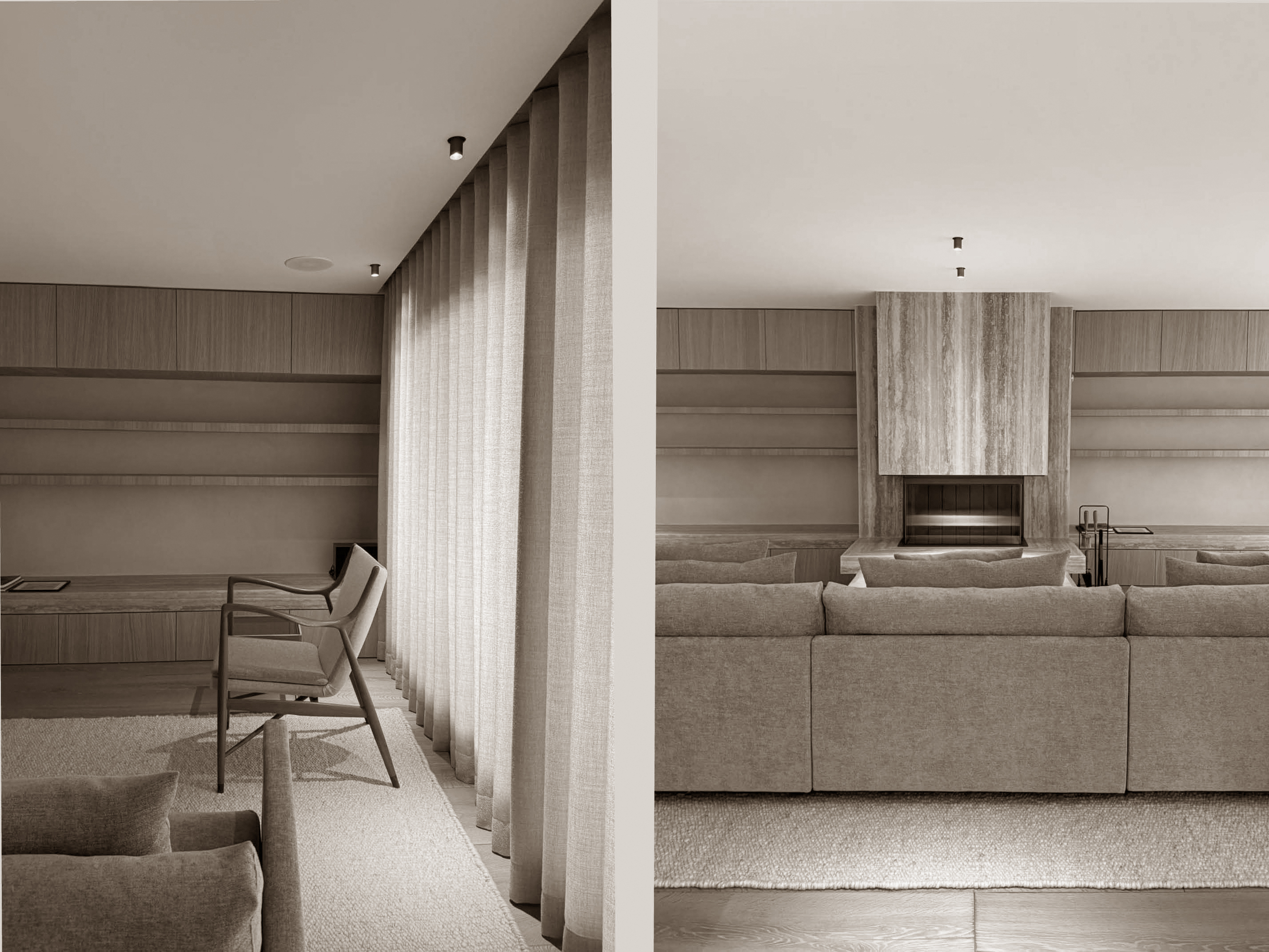 A calm, minimal living space with built-in cabinetry, soft curtains, and a striking stone fireplace. Natural textures and clean lines create a warm, refined atmosphere.