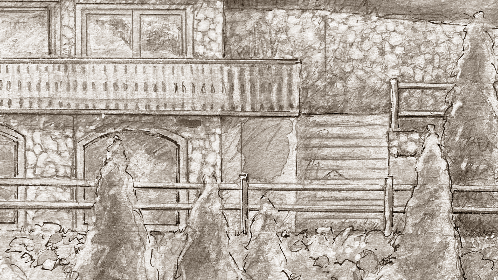 Detailed sketch of a chalet's exterior, focusing on the texture of the wood, the design of the windows, and the unique architectural details that define the property's alpine style.