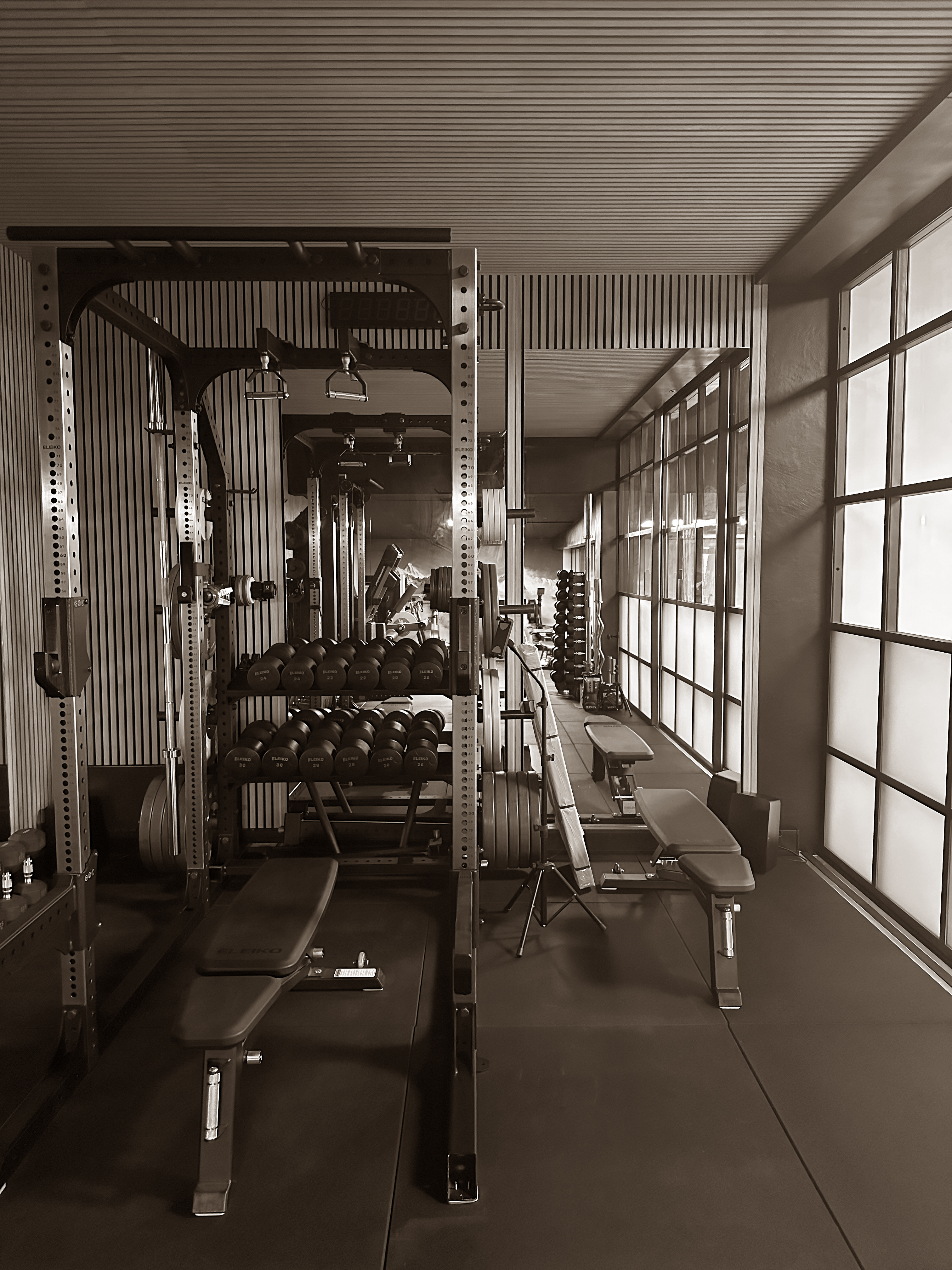 This gym space has a clean, modern look with black weight racks, simple benches, and wood paneling. The large frosted windows let in soft light and give the room a calm, private feel.