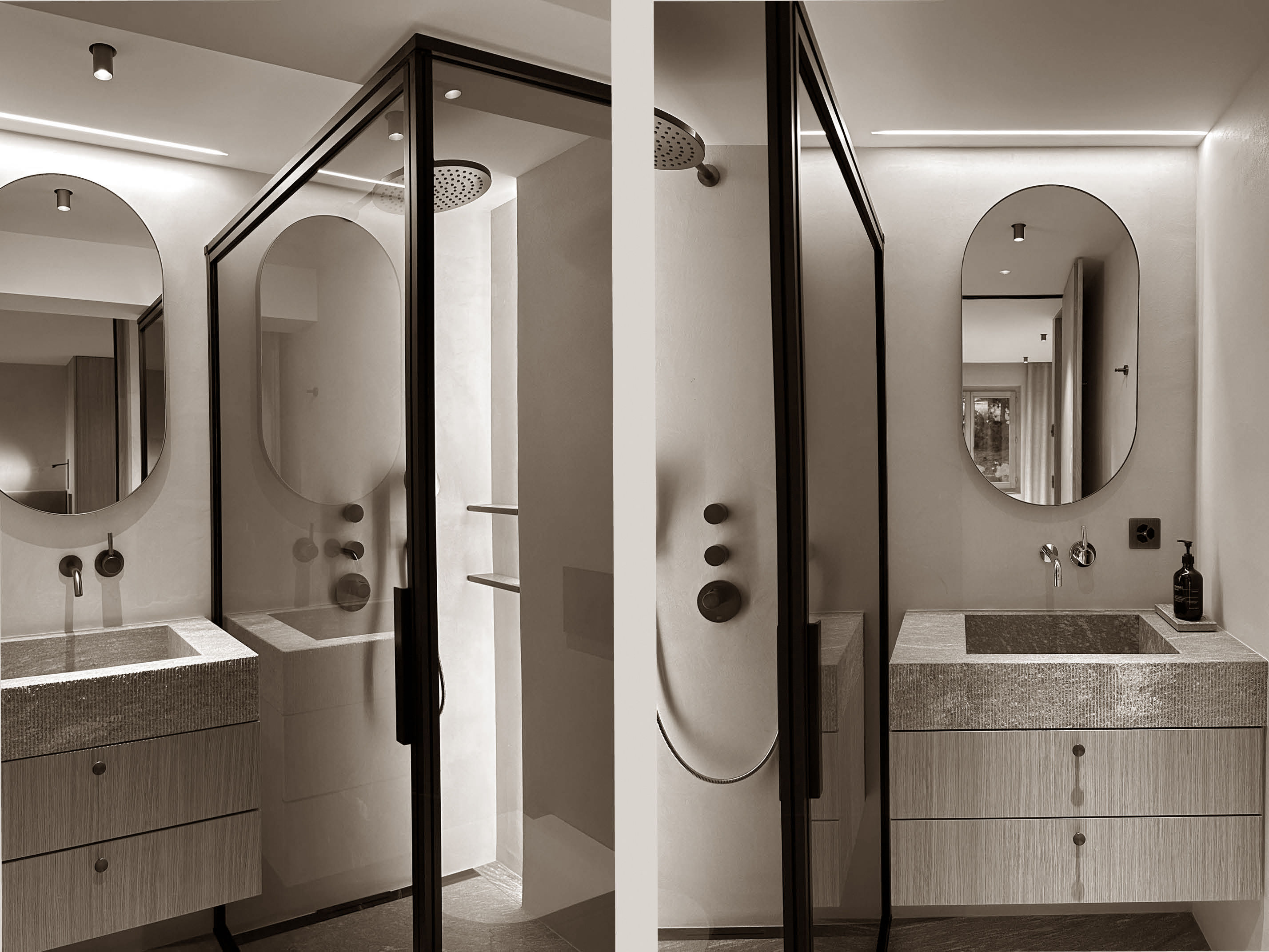 A refined mix of textures and soft light defines this elegant, minimalist bathroom.