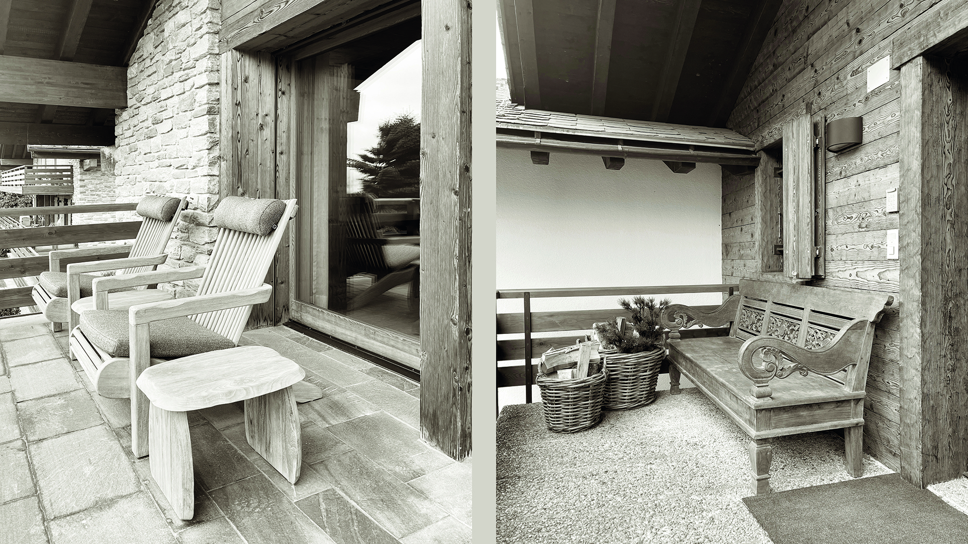 Terrace with a comfortable seating nook on one side and a sophisticated dining setup on the other, surrounded by greenery and designed for outdoor enjoyment.
