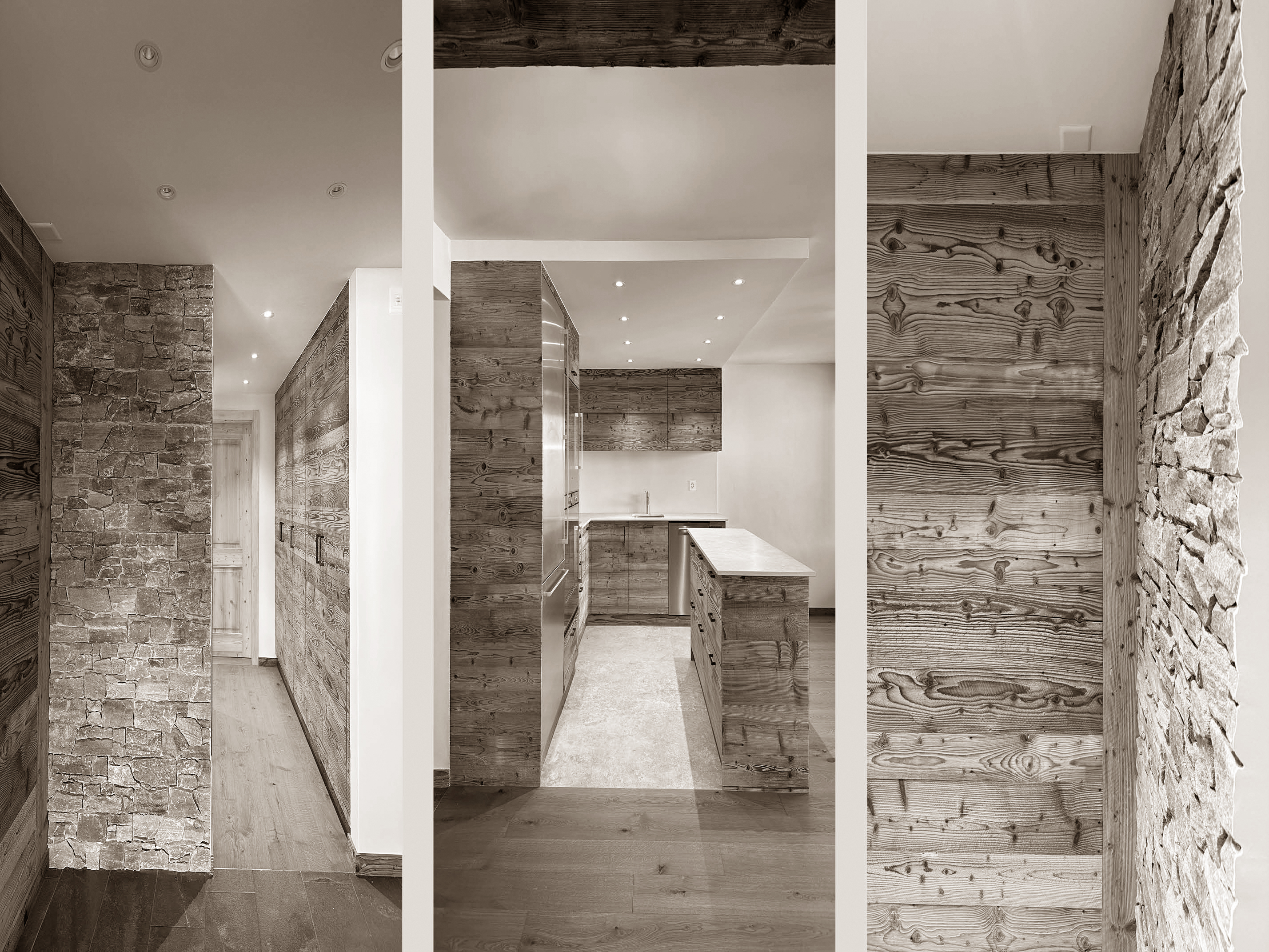 Elegant interior corridor showcasing a refined mix of natural stone and rich wooden paneling, leading seamlessly into a modern kitchen space, where warm lighting and clean lines enhance the chalet’s timeless character.