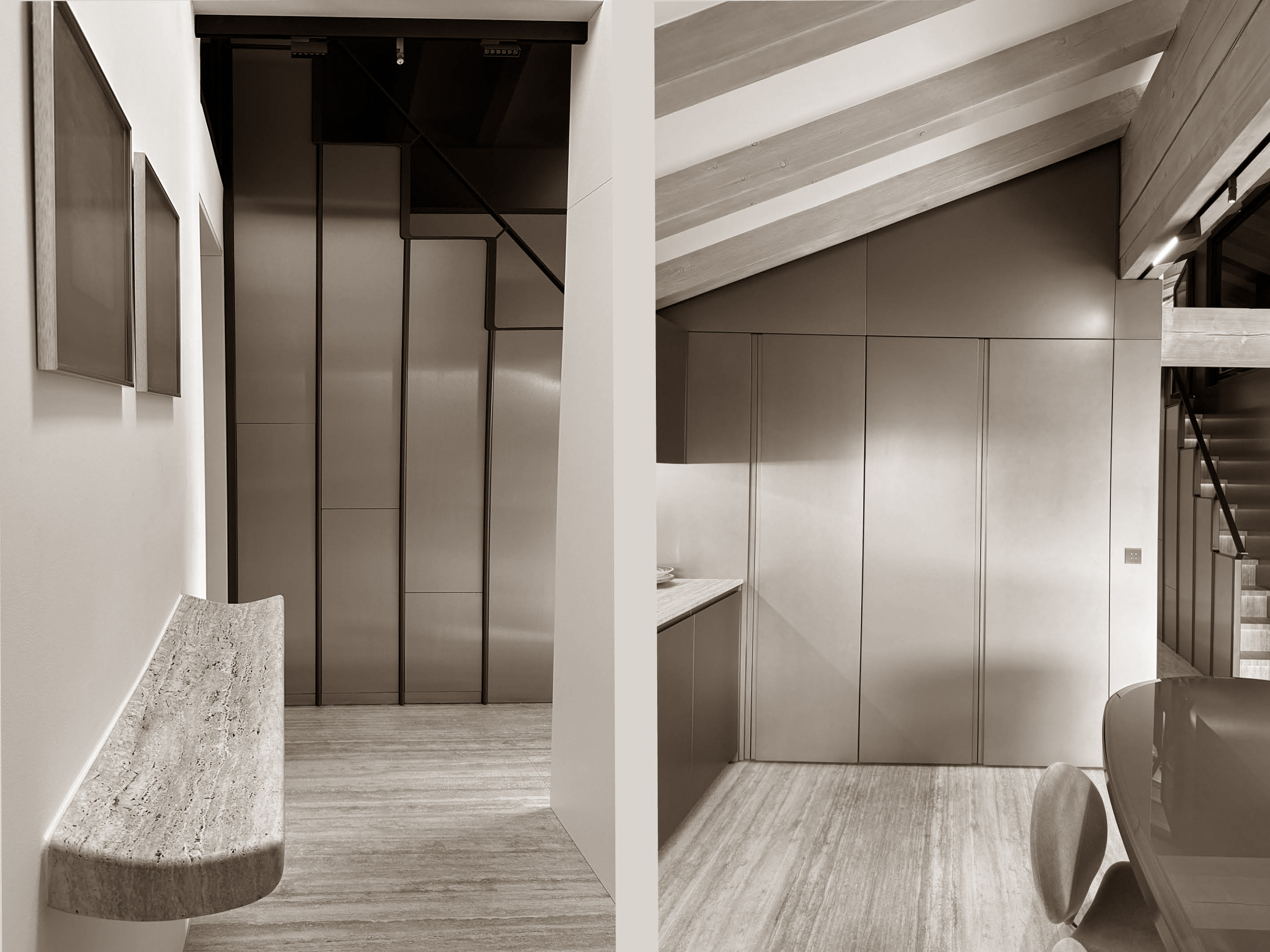 Contemporary interior details featuring clean architectural lines and a refined material palette. A sculptural stone console and minimalist artwork enhance the hallway, while sleek built-in cabinetry and natural textures bring warmth and sophistication to the open-plan living space. Contemporary interior details featuring clean architectural lines and a refined material palette. A sculptural stone console and minimalist artwork enhance the hallway, while sleek built-in cabinetry and natural textures bring warmth and sophistication to the open-plan living space.