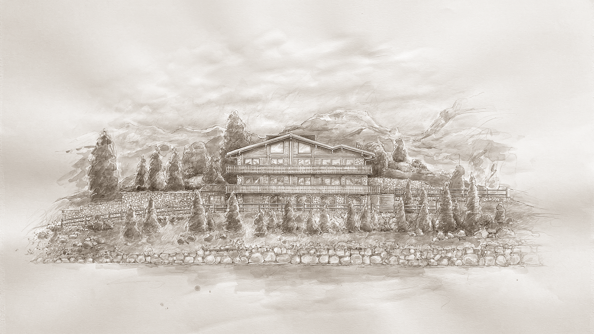 Hand-drawn rendering of a chalet, highlighting its spacious layout and traditional alpine style, with a 'Coming Soon' message indicating an exciting new development.