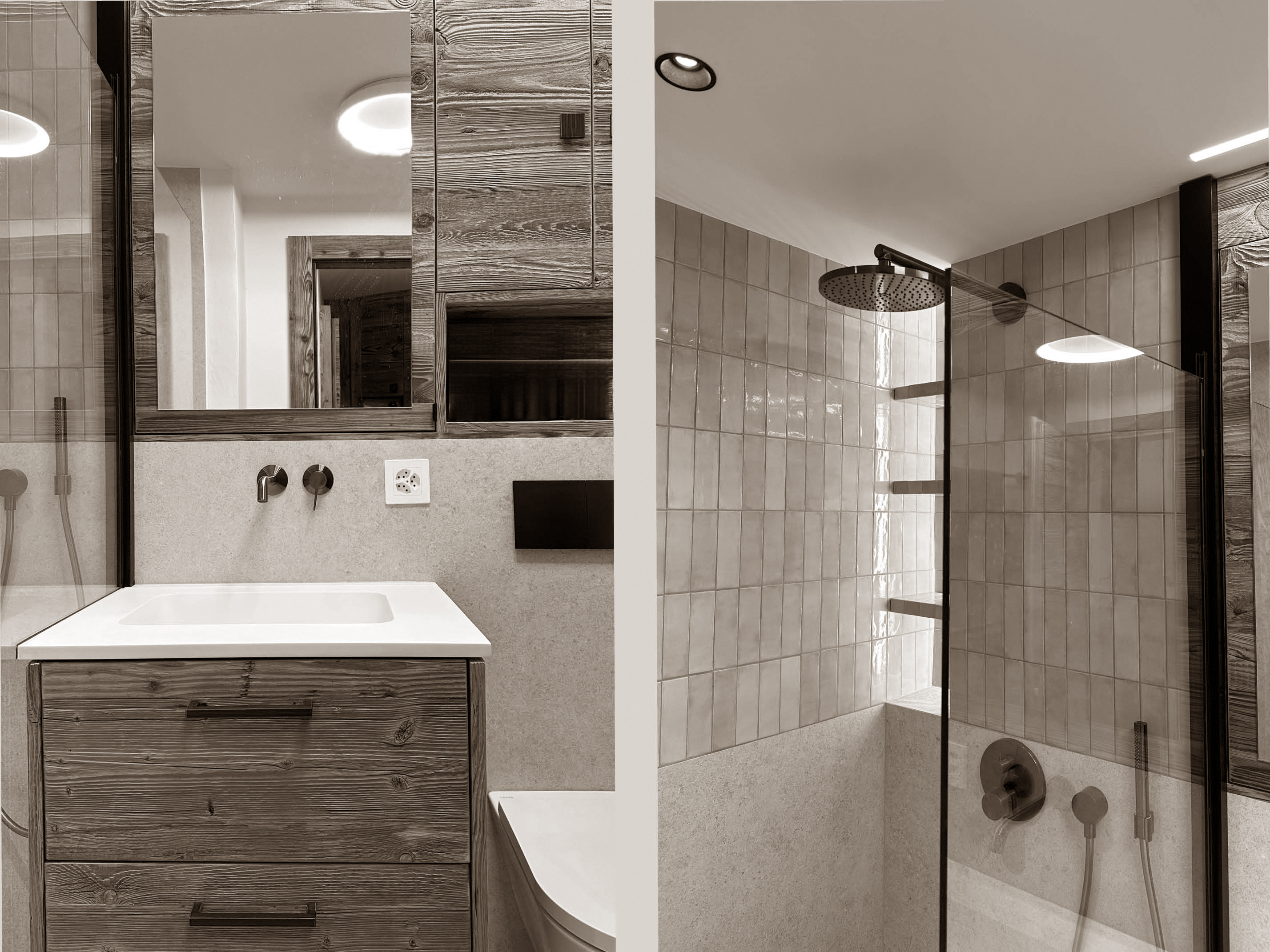 Stylish bathroom blending natural wood tones with soft stone textures and glossy ceramic tiles. A minimalist vanity with integrated storage is paired with matte black fixtures and a walk-in rain shower, creating a harmonious mix of rustic charm and modern comfort.