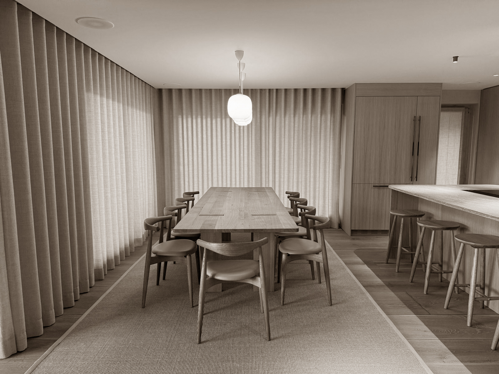 A serene dining area bathed in soft light, where natural textures and gentle tones create an inviting, intimate atmosphere.