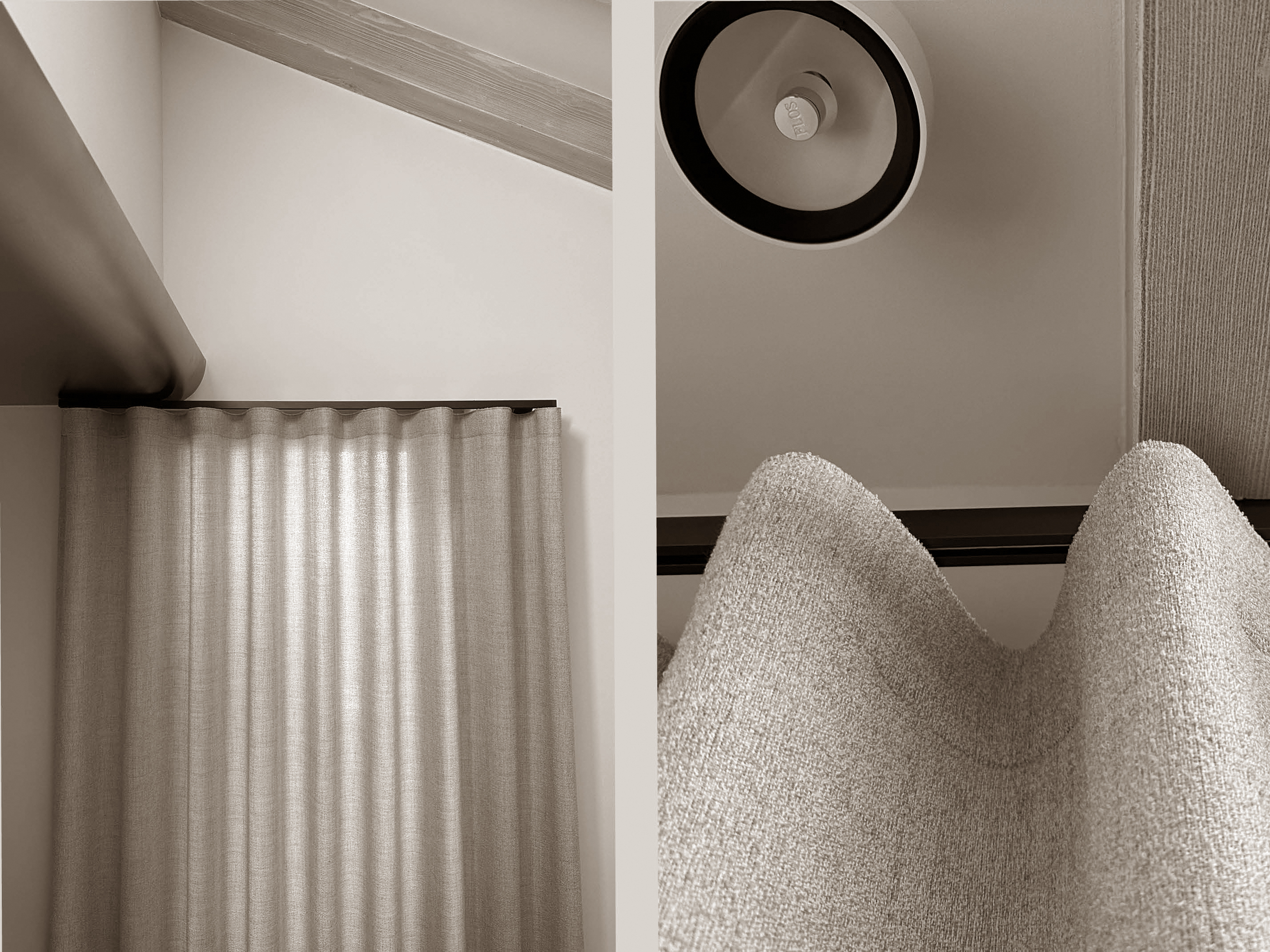 Elegant close-up views highlighting the soft texture and graceful movement of linen curtains under sloped ceilings. Thoughtful lighting and refined material choices elevate the space, emphasizing a calm and sophisticated interior rhythm. Elegant close-up views highlighting the soft texture and graceful movement of linen curtains under sloped ceilings. Thoughtful lighting and refined material choices elevate the space, emphasizing a calm and sophisticated interior rhythm.