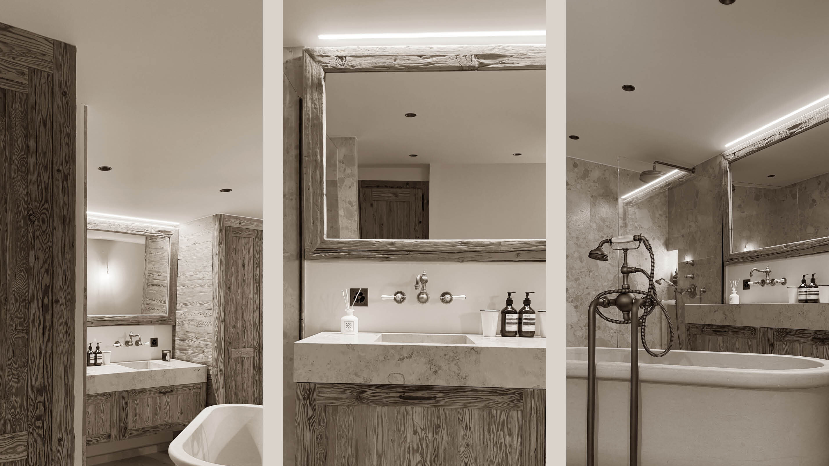 Elegant bathroom with freestanding bathtub, natural stone surfaces, and rustic wood accents, combining comfort and sophistication in a serene alpine style.