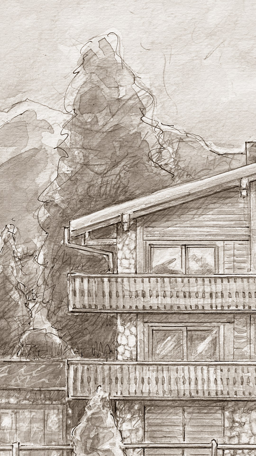Close-up of a detailed drawing of a chalet, highlighting architectural features such as wooden facades, sloped roof, large windows, and rustic elements, with intricate line work showcasing the design's charm and character.