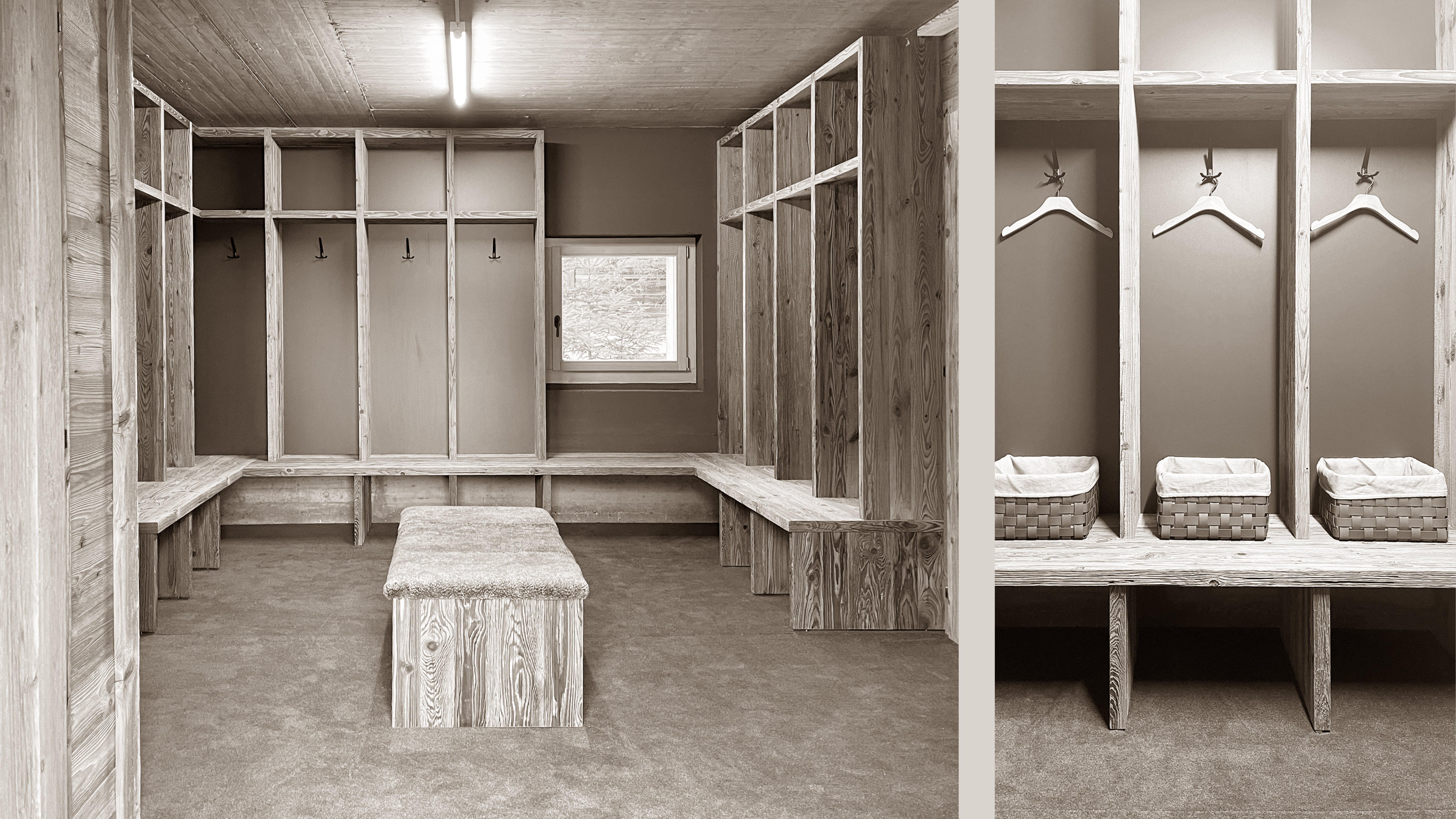 Well-organized ski room featuring wooden benches for seating, providing a functional and rustic space for storing ski gear and changing after a day on the slopes.