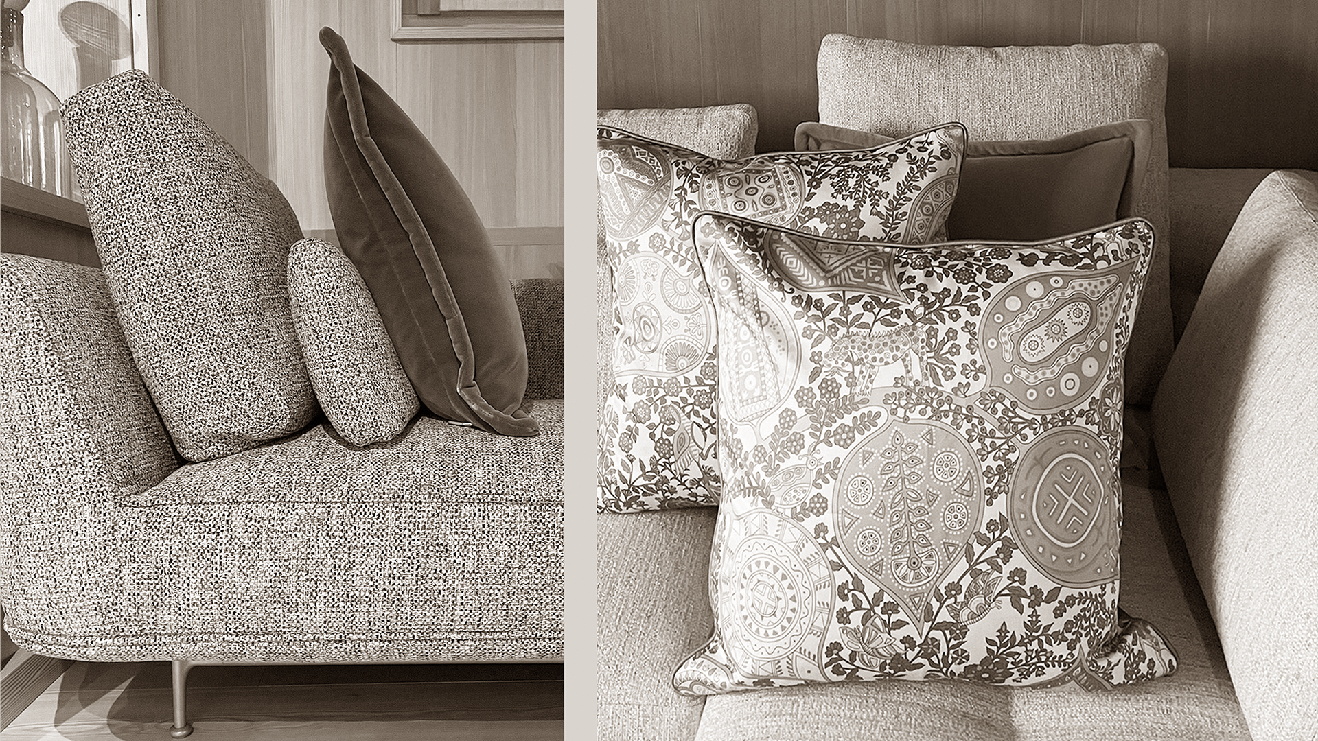 Elegant sofa with an array of cozy throw pillows, featuring a rich fabric and inviting design, perfect for creating a warm and stylish living space.