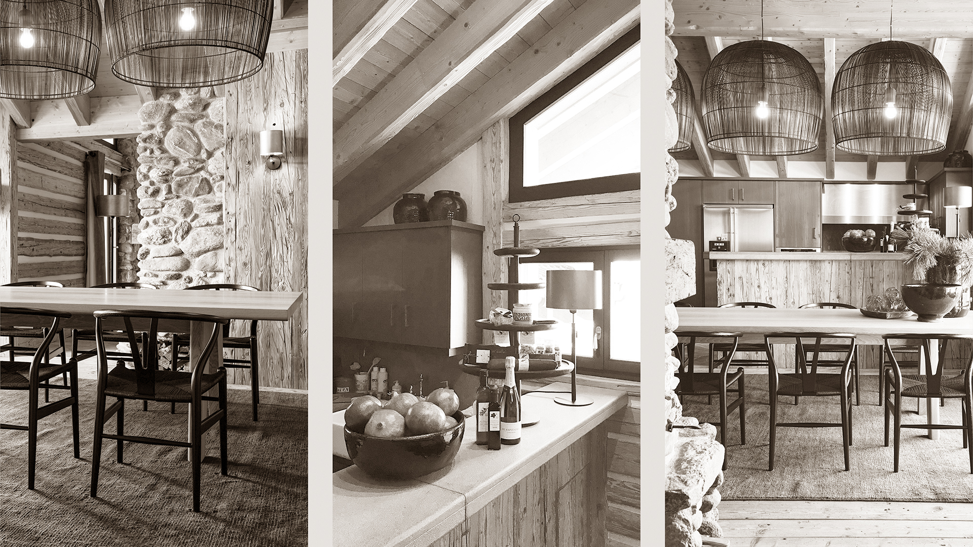 Charming living room featuring large pendant lights, rustic stone and wood walls, and an open kitchen area, creating a warm, stylish, and inviting atmosphere that blends modern design with natural materials.