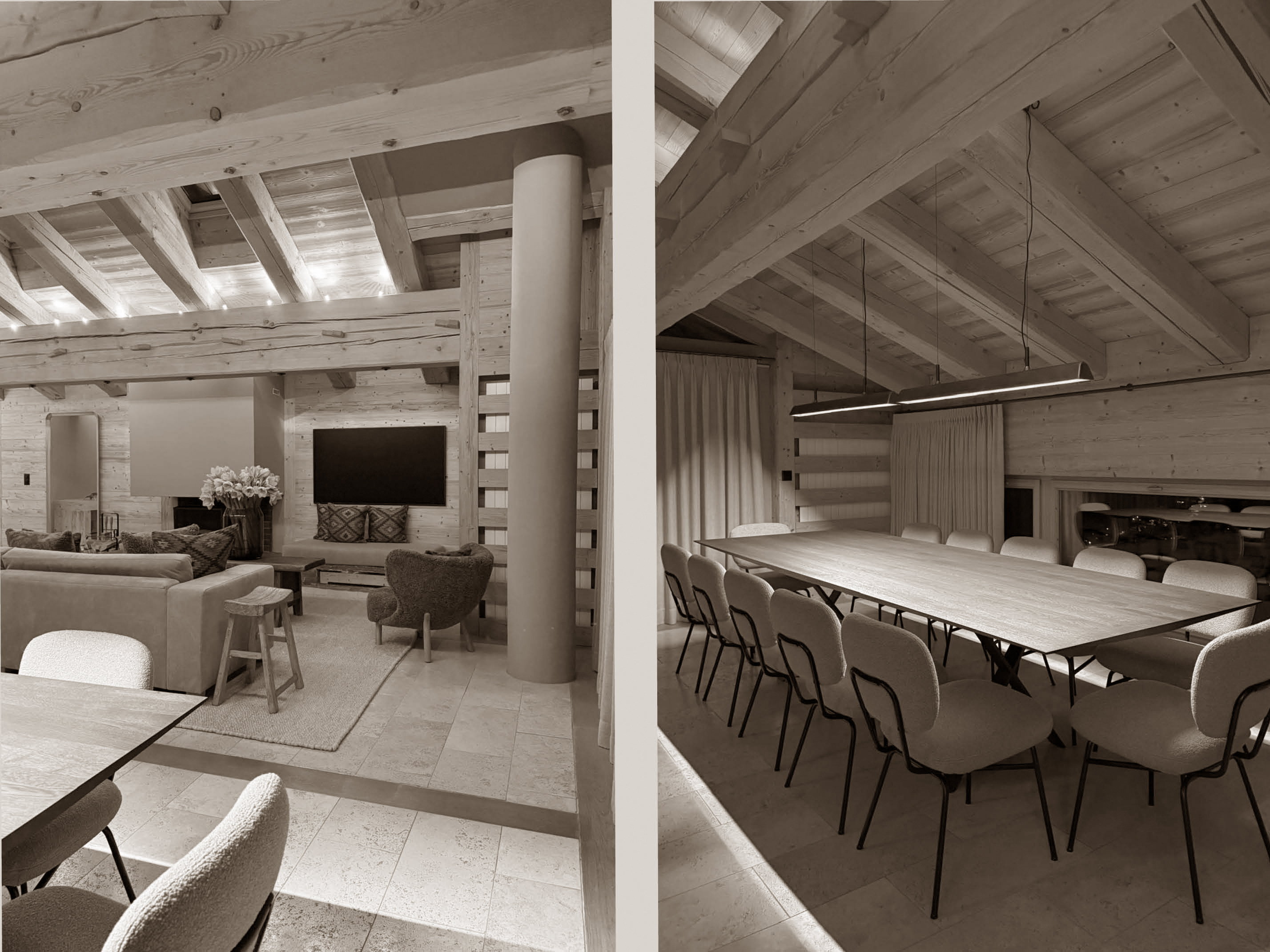 Exposed timber beams and soft uplighting define this alpine retreat. The living room offers layered textures and plush seating around a central TV, while the dining area features a long, elegant table under minimal pendant lights—perfect for gatherings in a warm chalet ambiance.