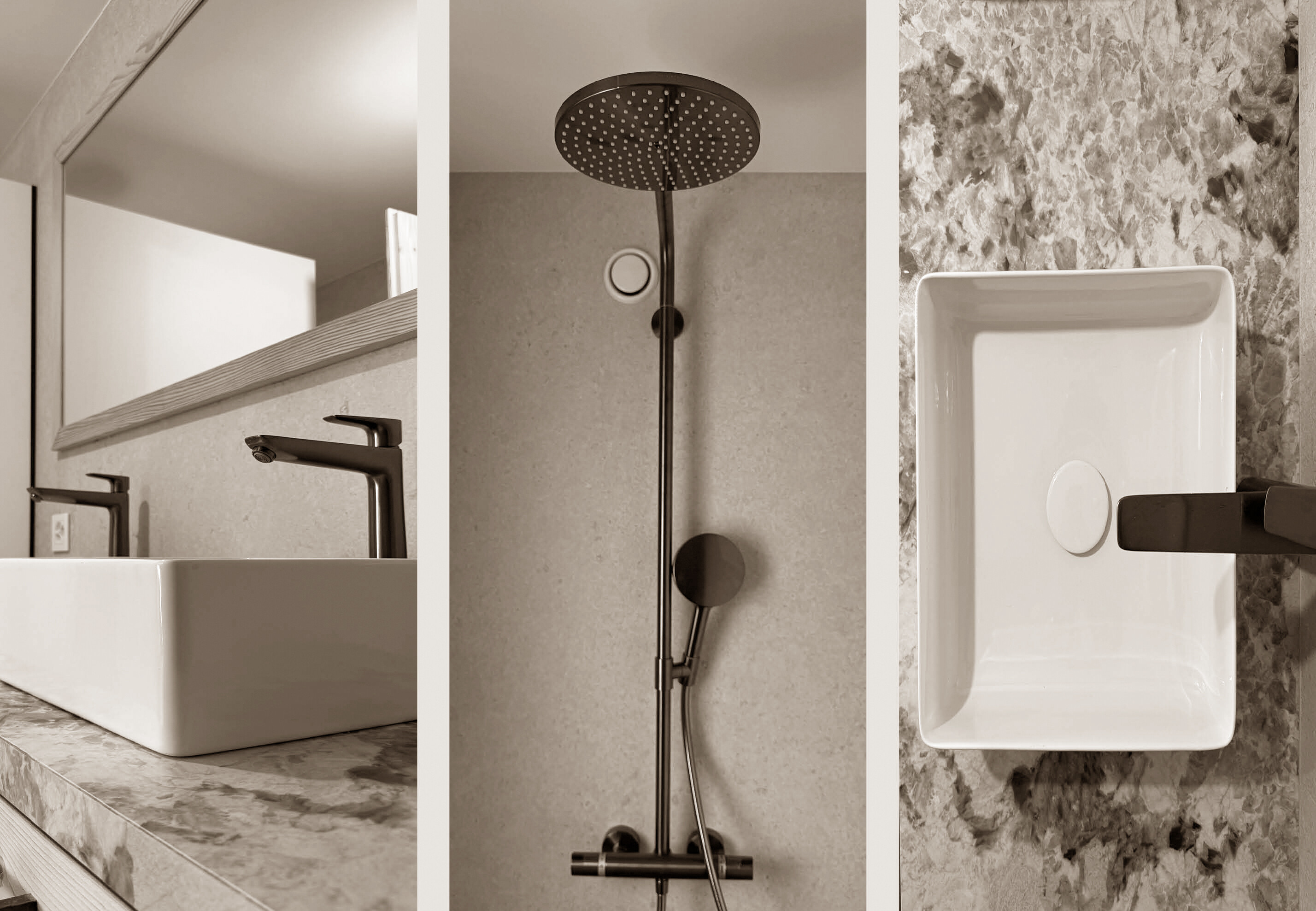 Elegant bathroom design featuring a sleek vessel sink atop a textured stone countertop, a modern rainfall shower with matte black fixtures, and refined finishes that combine contemporary style with understated luxury.