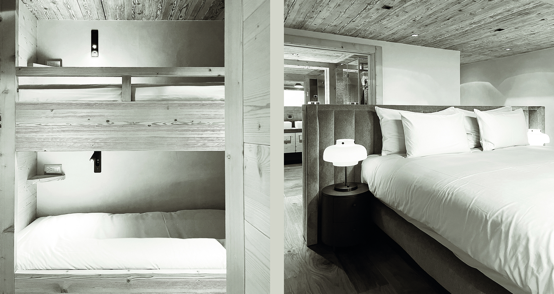 Children's room with rustic wooden loft beds and colorful accents, paired with a serene master bedroom featuring a king-sized bed and a calming, minimalist aesthetic.