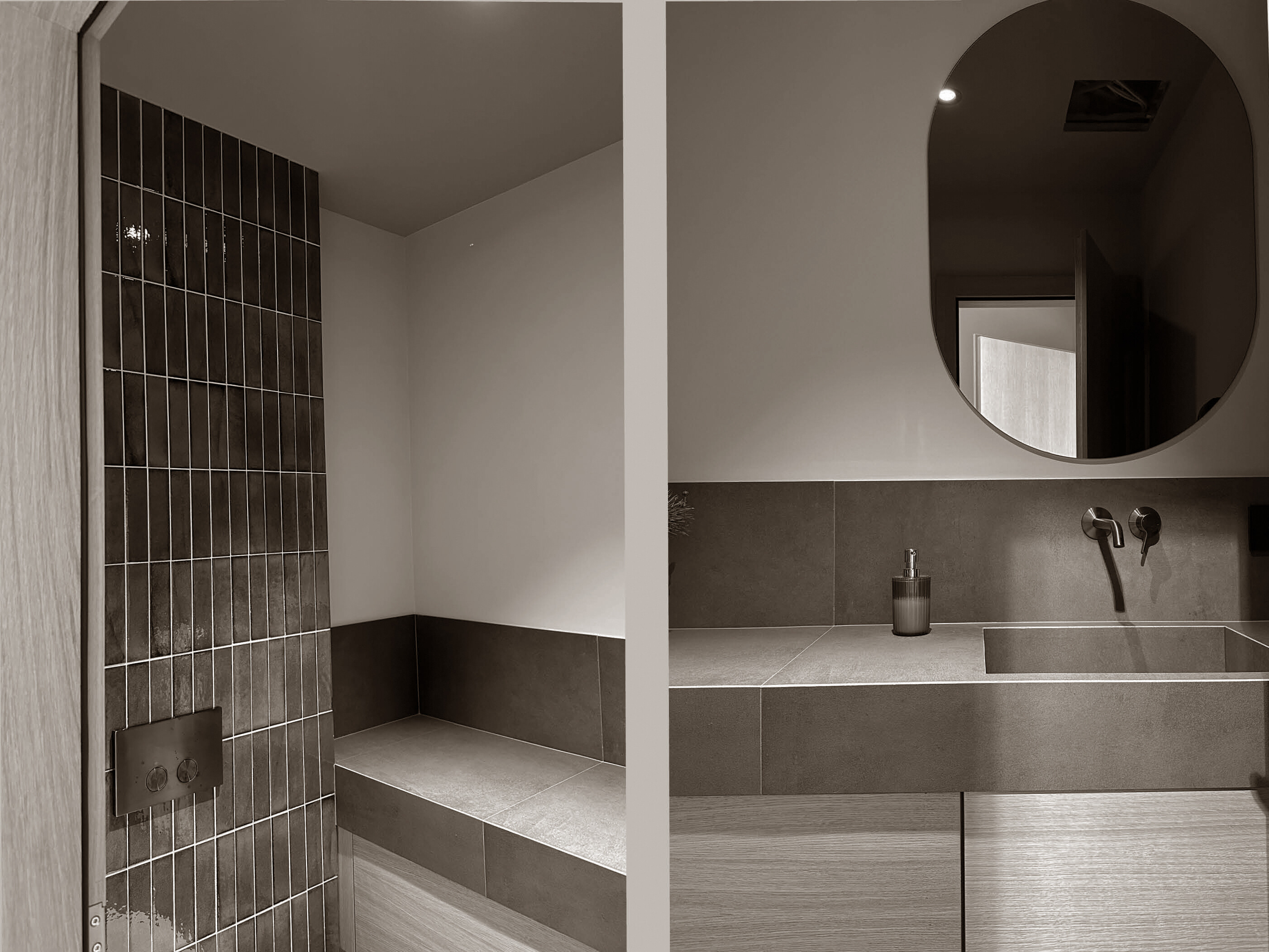 A minimalist, spa-inspired bathroom where clean lines, natural textures, and muted tones create a serene and timeless atmosphere.