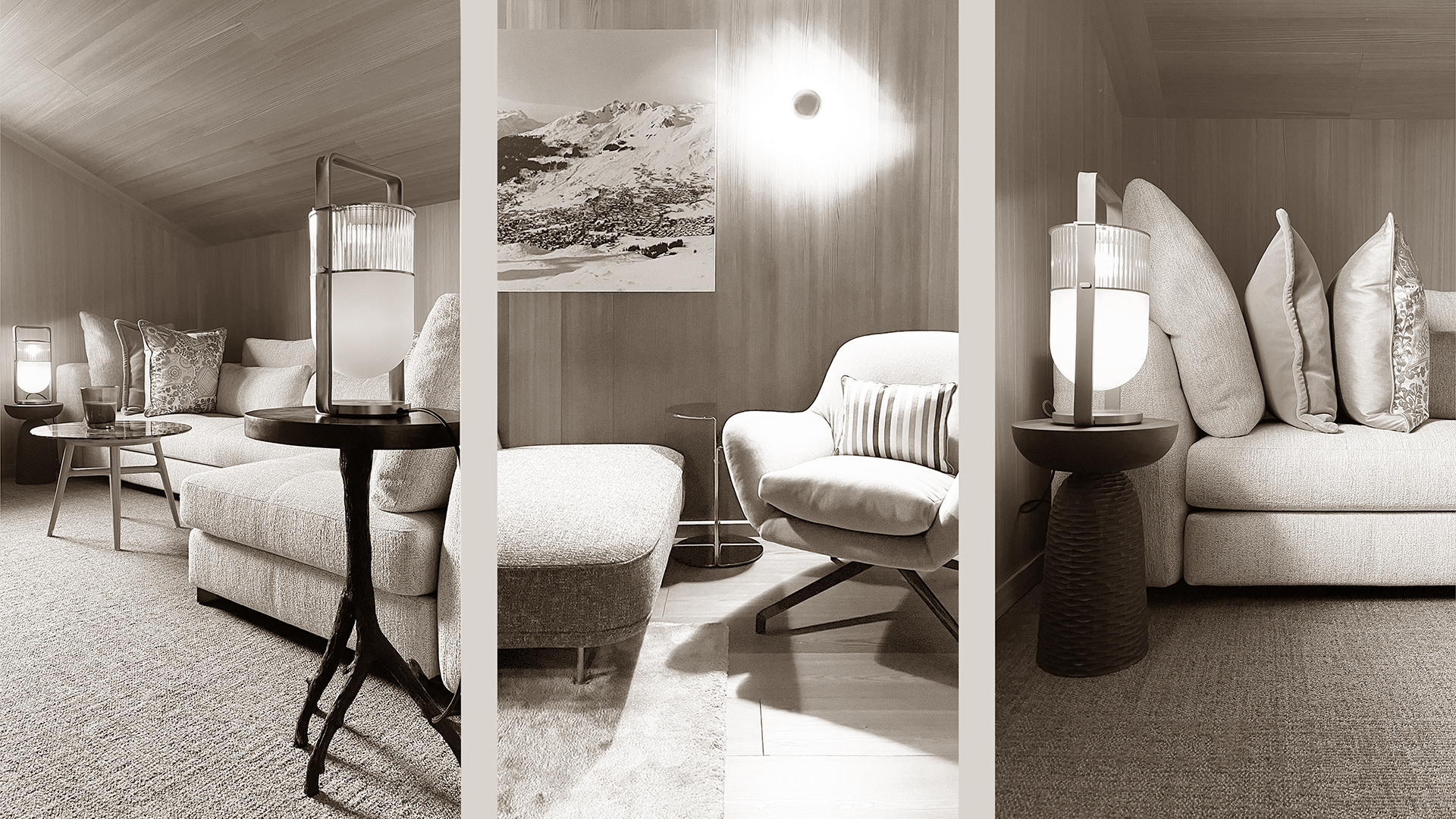 Cozy living room with a comfortable sofa, an accent armchair, and contemporary lighting fixtures, creating a perfect blend of comfort and sophistication in the chalet's interior.