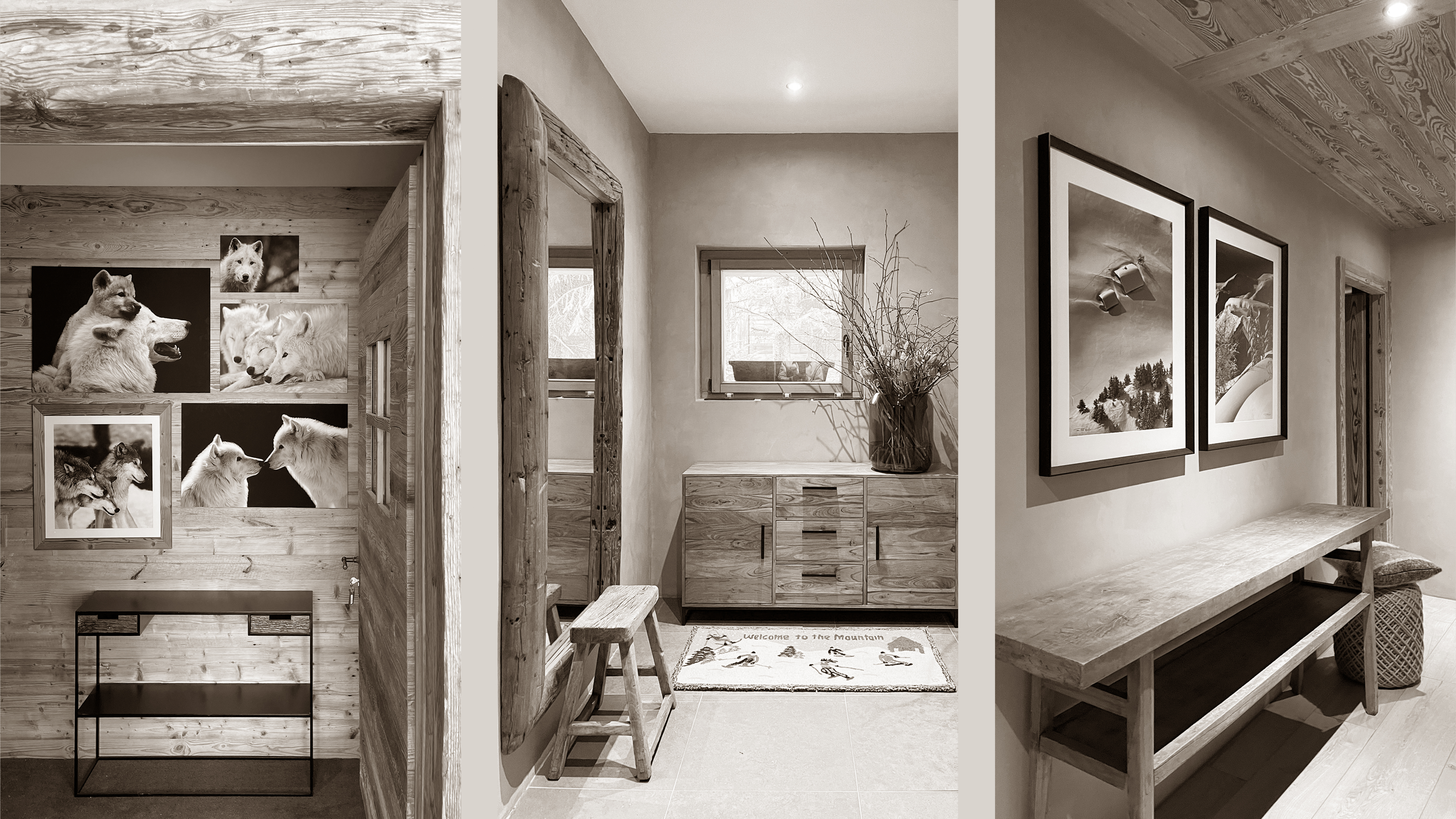 Spacious entrance area featuring a large mirror on the wall, reflecting the open, airy space, with various artworks elegantly hung, adding a touch of creativity and sophistication to the welcoming atmosphere.