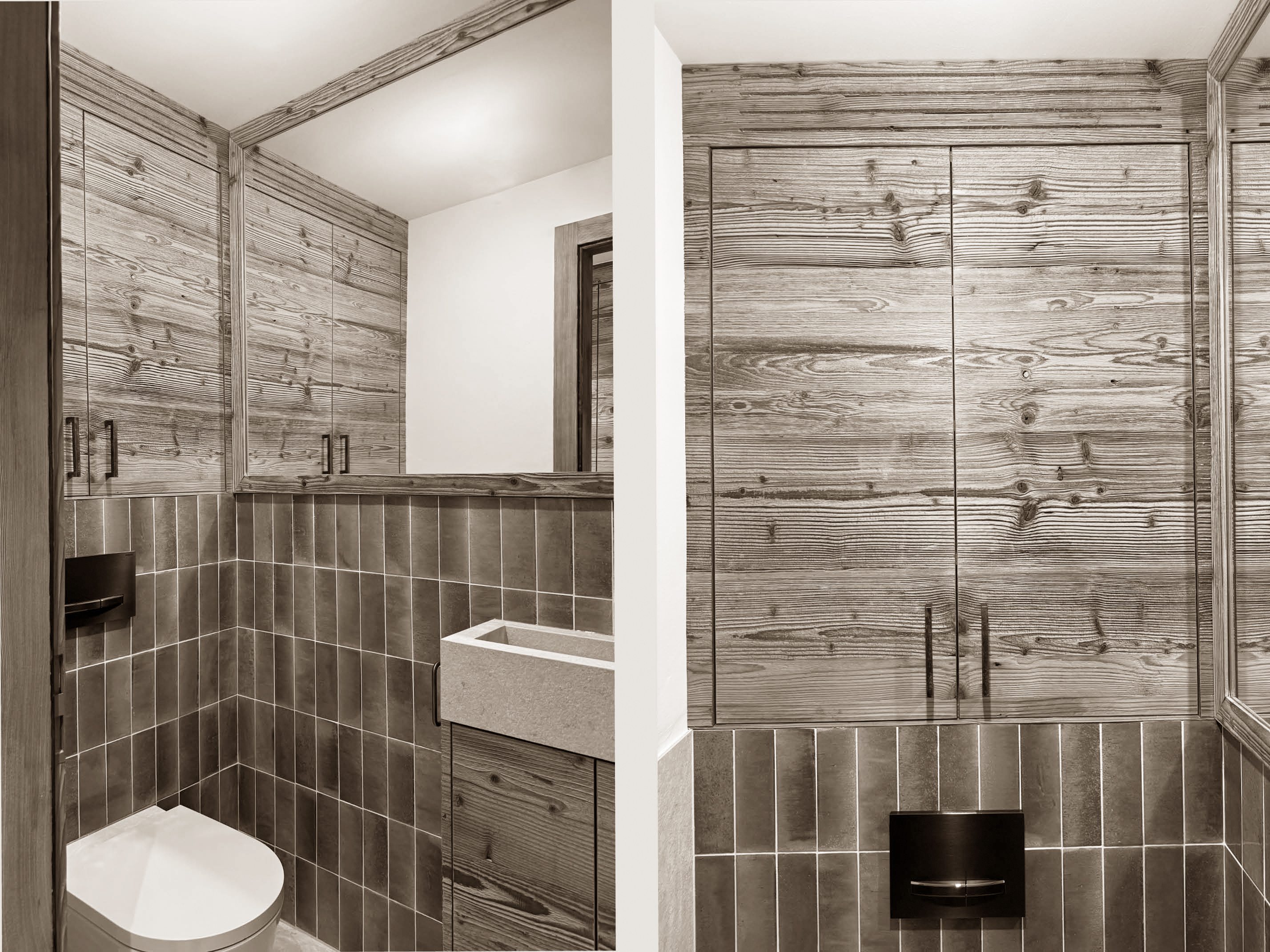Charming and functional bathroom combining rich wooden cabinetry with sleek tiled walls, featuring a minimalist stone sink and modern fixtures, creating a harmonious balance of natural textures and contemporary style.