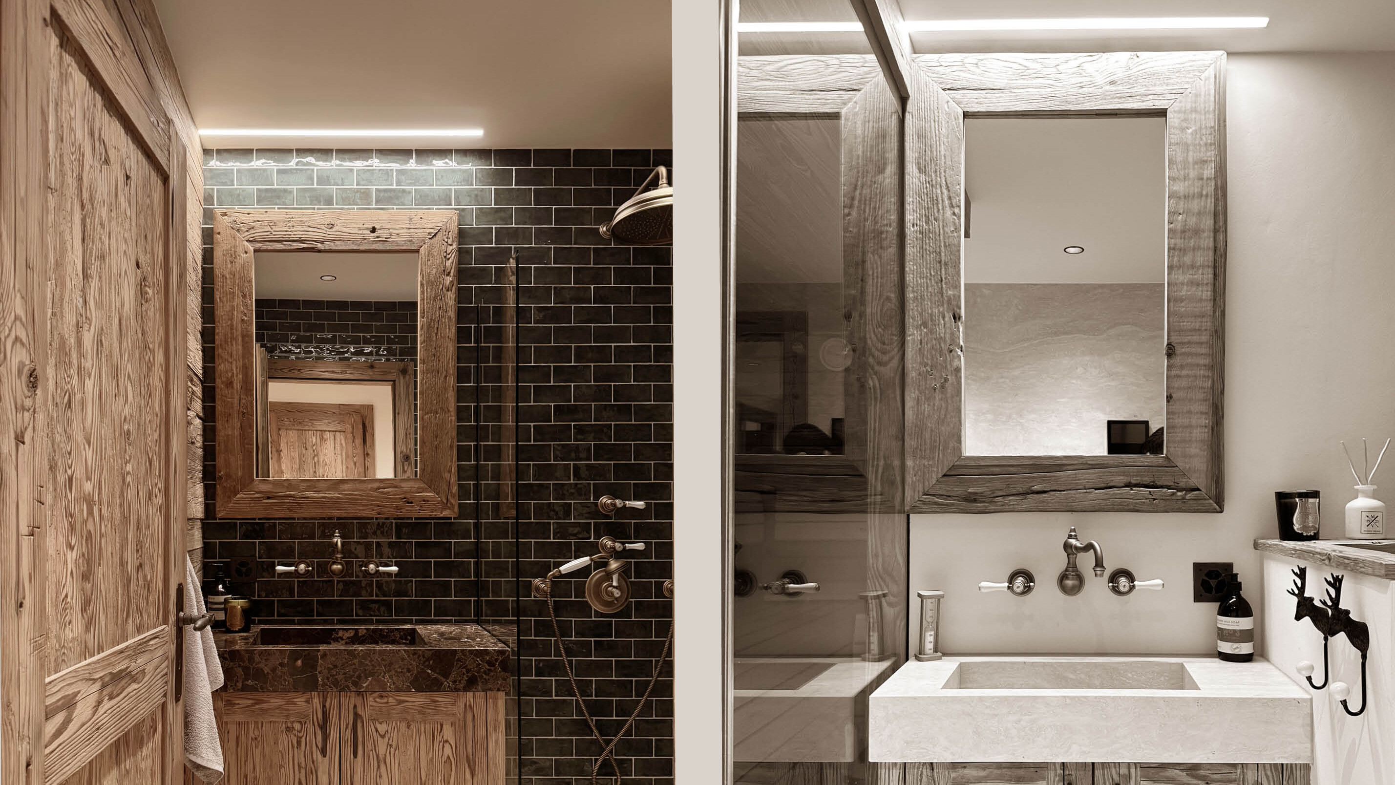 Two elegant bathrooms combining rustic wood elements with refined materials—one featuring dark tiles and a stone basin, the other with a clean, light-toned finish—each offering a stylish and functional space with mountain charm.